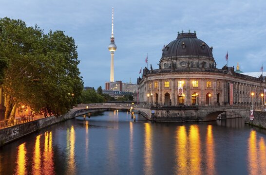 Evening mood, illuminated Bode Museum on the Spree, in the back Berlin television tower Alex, Museum Island, Berlin-Mitte, Berlin, Germany