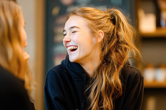 A young woman with long hair laughs joyfully while talking to a friend in a cozy indoor setting.