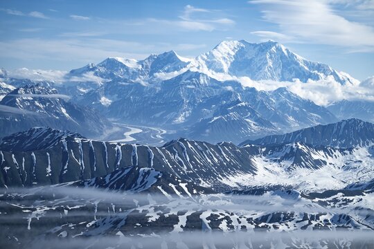 Panorama, clouds over high mountains, Mt Denali or Mount McKinley, aerial view, Alaska Range, Denali National Park, Alaska, USA