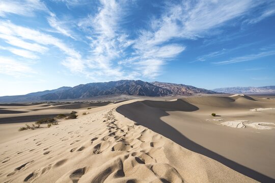 Sand dune tracks, Mesquite Flat Sand Dunes, Amargosa Mountain Range foothills, Death Valley National Park, California, USA