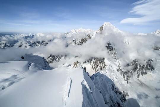 Aerial view, extreme ridge of Mount Huntington, 3731 m, glaciers and mountains of the Alaska Range, Alaska, USA