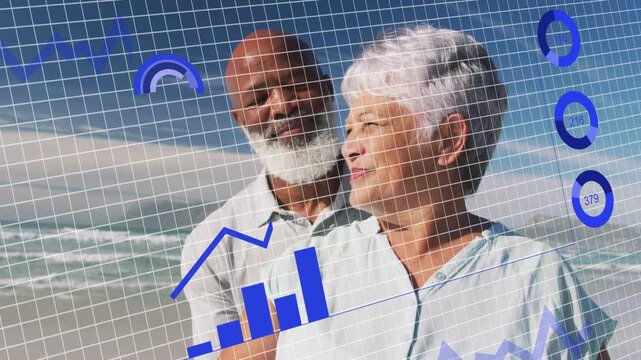 Vertical video: Finance charts animating, rising over seniors on sand, bars growing, line climbing