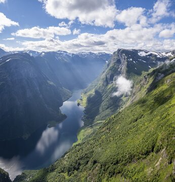View from the top of Breiskrednosi, mountains and fjord, N&aelig;r&oslash;yfjord, Aurland, Norway