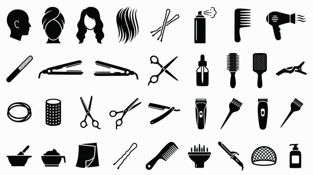 Cosplay Wig Styling Icons. Wig styling for cosplay. Solid icons set of Wig styling for cosplay: wig head, wig cap, lace front wig, hair wefts,
