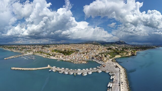 Aerial view, panorama, harbor in front, fishing port, fishing boats, ships, marina on the left, Sciacca, picturesque, port town, thermal spa, Agrigento Free Community Consortium, Sicily region, Italy, Mediterranean