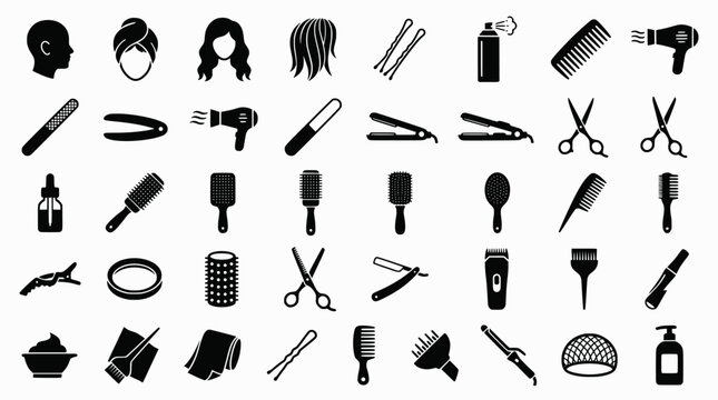 Cosplay Wig Styling Icons. Wig styling for cosplay. Solid icons set of Wig styling for cosplay: wig head, wig cap, lace front wig, hair wefts,
