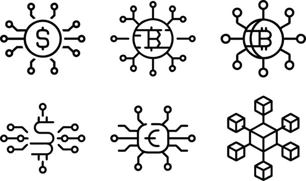 Digital currency icons set for finance and blockchain technology on transparent background.