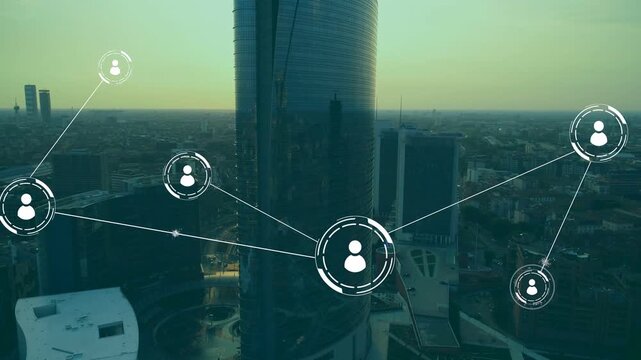 Vertical video: Single white avatar appearing starting nodes forming network over city for demo