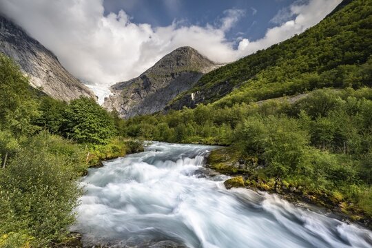 Briksdalselva Glacier River, Briksdalsbreen, Briksdal Glacier, Jostedalsbreen National Park, Norway