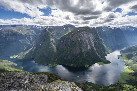 View from the top of Breiskrednosi, mountains and fjord, N&aelig;r&oslash;yfjord, Aurland, Norway
