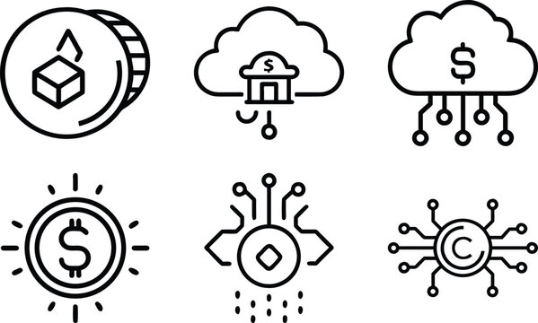 Digital finance icons: cryptocurrency, cloud computing, and secure transactions.