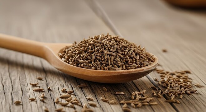 Cumin Seeds in Wooden Spoon on Rustic Table.