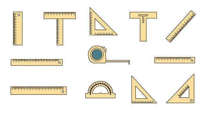 Measuring tools assortment rulers protractor tape measures and squares.