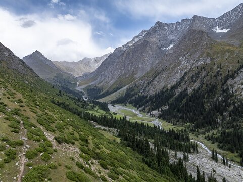 Aerial view, Green Mountain Valley, Chon Kyzyl Suu, Tien-Shan Mountains, Kyrgyzstan