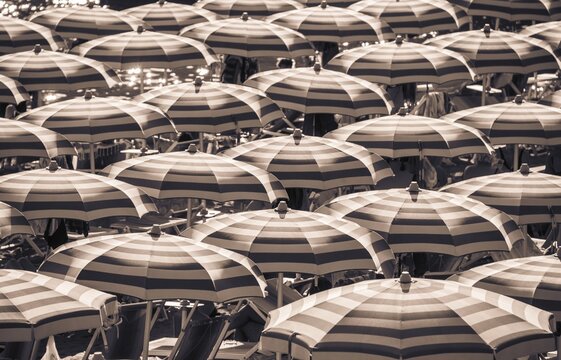 Strung, striped umbrellas on the beach, Sestri Levante, Liguria, Italy