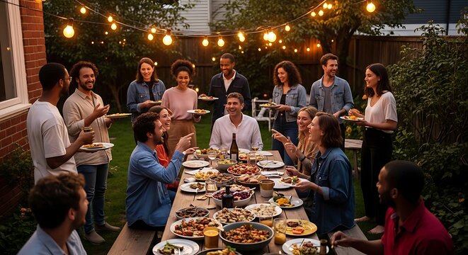 Diverse group of friends and family enjoying a delightful outdoor dinner party in a lush garden decorated with warm string lights creating a festive and inviting atmosphere for a celebratory
