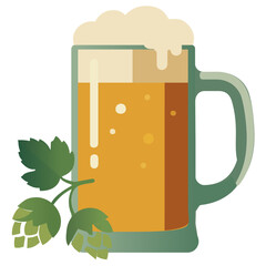 Beer Mug with Foam and Fresh Hop Branch for Brewery Branding. A classic glass of lager beer with a thick head of foam, accompanied by a green hop branch with leaves. © LYef Studio