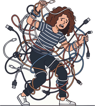 Woman trapped and tangled in many electronic cables