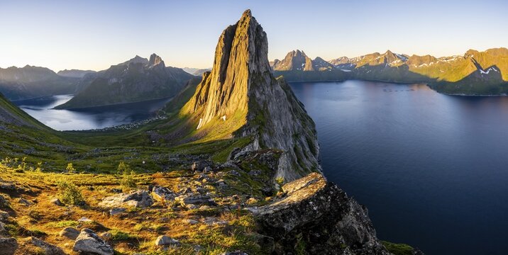 Morning atmosphere, steep mountain Segla, fjord Mefjorden with mountains, island Senja, Troms, Norway