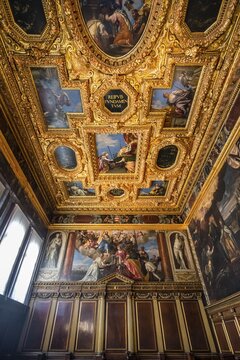 Decorated ceiling, fresco and ceiling painting, interior, Doge's Palace, Palazzo Ducale, Venice, Veneto, Italy