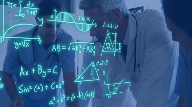 Medical team gathering around table, hand writing causing neon graphs overlay for clinical analysis