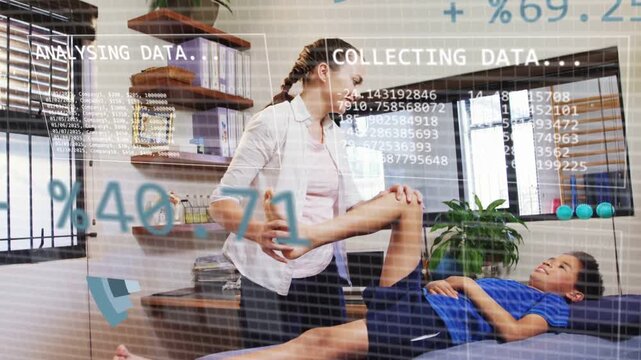 Therapist lifting rotating child bent leg at ankle,knee animated pie bars waveform mapping PT data