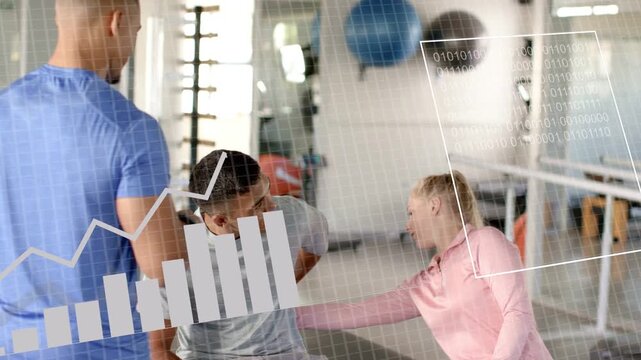Seated man reaching hip, woman guiding assessment in rehab gym, animated charts tracking progress
