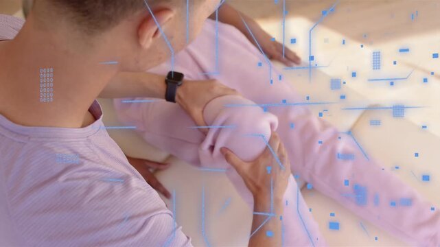 Male caregiver placing hands, guiding senior knee mobilization for rehab, blue overlay showing knee