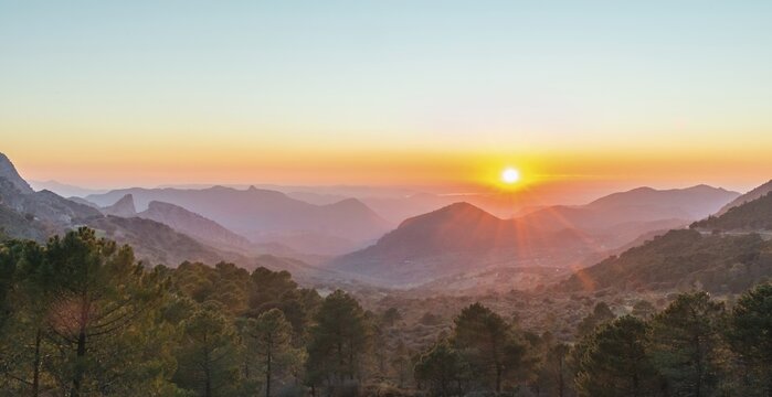 Wooded mountain landscape at sunset, Mirador Puerto del Boyar, Vale del Boyar, Sierra de Grazalema, Andalusia, Spain