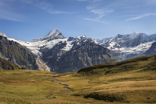Stream, view of the Gro&szlig;es Fiescherhorn, Eiger, M&ouml;nch, Jungfrau, Grindelwald, Bern, Switzerland