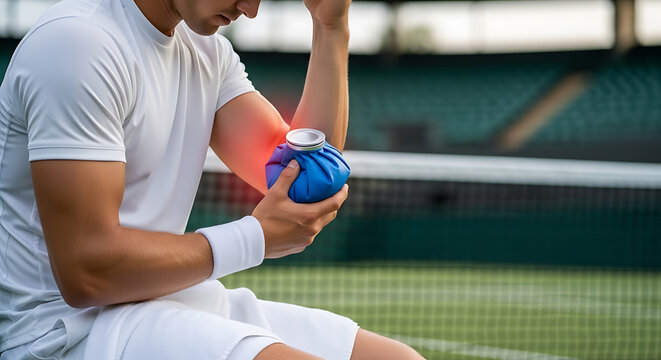 Athlete suffering from elbow pain applies ice pack on tennis court. Sports injury, recovery, and cold therapy concept.