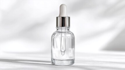 Naklejka premium Skincare Serum Essence: A minimalist aesthetic captures the essence of beauty and self-care, showcasing a transparent serum bottle with a dropper against a backdrop of delicate shadows.
