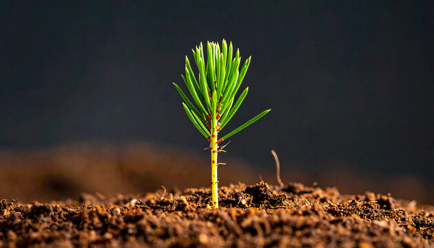 Tiny green pine seedling emerging from rich brown soil with a dark blurred background emphasizing growth