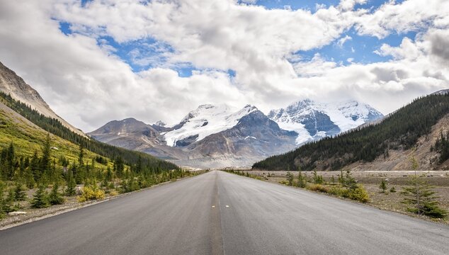Icefield Parkway road, view of glacier and mountains Boundary Peak, Mount Athabasca and Mount Andromeda, Sunwapta Pass, Jasper National Park National Park, Canadian Rocky Mountains, Alberta, Canada