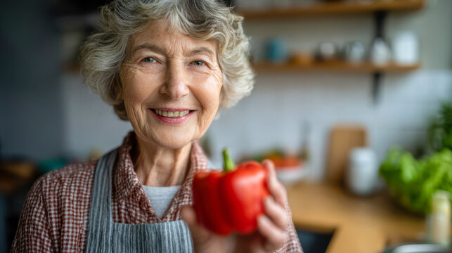 Elderly woman holds red bell pepper and smiles in kitchen during daytime using Canon camera