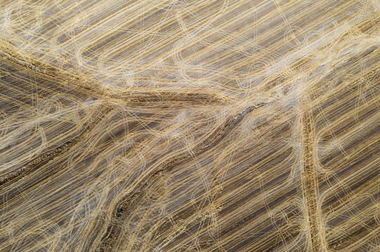 Abstract patterns caused by tractor wheel ruts in cornfield after wheat harvest, aerial view, drone shot, C&oacute;rdoba province, Andalusia, Spain