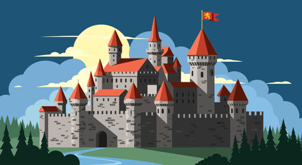 Medieval Castle with Red Roofs Towers. © huhiyart
