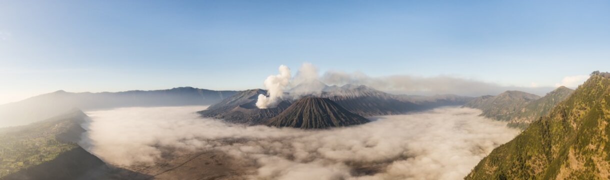 Mount Bromo volcanic clouds, morning atmosphere, Mount Batok, Mount Kersi, Mount Semeru, Bromo Tengger Semeru National Park, East Java, Indonesia