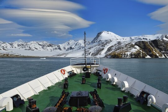 Expedition ship anchored in St. Andrew's Bay, South Georgia, South Georgia and the Sandwich Islands, Antarctica