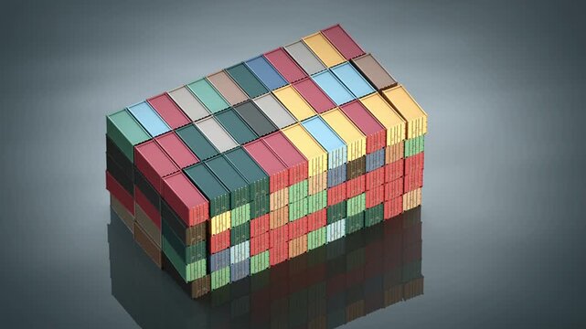 Isometric stack of colorful cargo containers forming a solid block, symbolizing global logistics, storage efficiency, and modern supply chain systems. 3D render animation