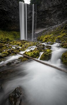 Waterfall cascading over rocky outcrop, Tamanawas Falls, long exposure, Cold Spring Creek, Oregon, USA