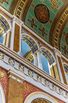 Interior photograph, Ceiling painting, Artfully decorated interior of the neoclassical Greek Orthodox Church of Saint Nicholas, Agios Nikolaos, Ermoupoli, Syros, Cyclades, Greece