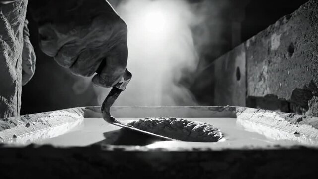 Black and white close-up of a hand using a trowel to lift wet cement out of a shallow container with steam and light creating a dramatic effect