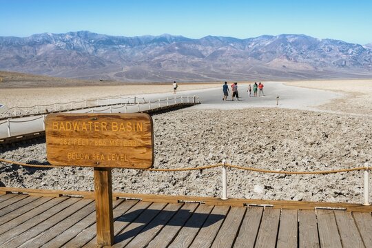Sign marking Badwater Basin, the lowest point in North America, Death Valley, Mojave Desert, California, USA