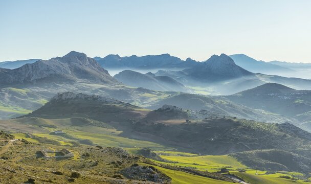 Hilly green mountain landscape, Sierra de las Cabras, province of Albacete, Andalusia, Spain