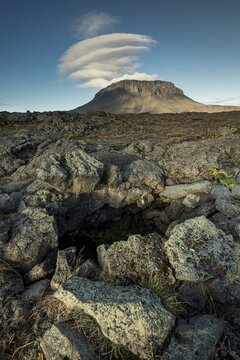 Hiding place of Fjalla-Eyvindur, actually Eyvindur J&oacute;nsson, outlaw, Her&eth;ubrei&eth;arlindir oasis, in the background table volcano Her&eth;ubrei&eth; or Herdubreid, Icelandic highlands, Iceland