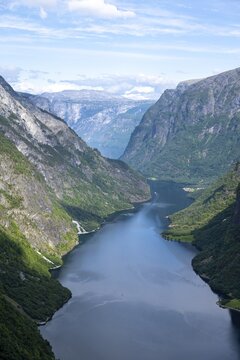 Mountains and fjord, N&aelig;r&oslash;yfjord, Aurland, Norway