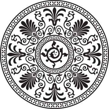 Vector monochrome round classical ornament of Ancient Greece and Roman Empire. Circle, Arabesque, Byzantine pattern
