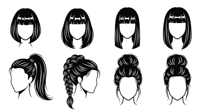 Variety of black and white hairstyle silhouettes for women's fashion
