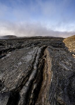 Petrified lava, volcanic rock in bizarre shapes, lava field, volcanic eruption, active table volcano Fagradalsfjall, Kr&yacute;suv&iacute;k volcanic system, Reykjanes Peninsula, Iceland